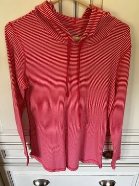 EDDIE BAUER Shirt Women's Long Sleeve Hooded Drawstring Striped coral XL